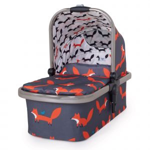 Grey carrycot with a fox print design in orange and white, featuring a sturdy frame, adjustable hood, and a soft interior lining for comfort.