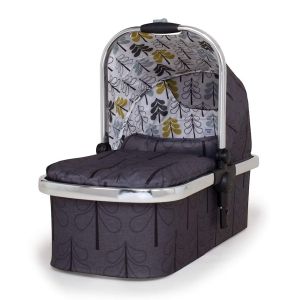 Cosatto Wow XL Second Carrycot in grey with a patterned interior, featuring a sturdy chrome handle and a soft, padded mattress for comfort.