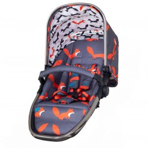 Cosatto Wow XL Second Seat Unit in grey with orange fox patterns, featuring a padded seat, adjustable harness, and a sturdy frame, ideal for infants.