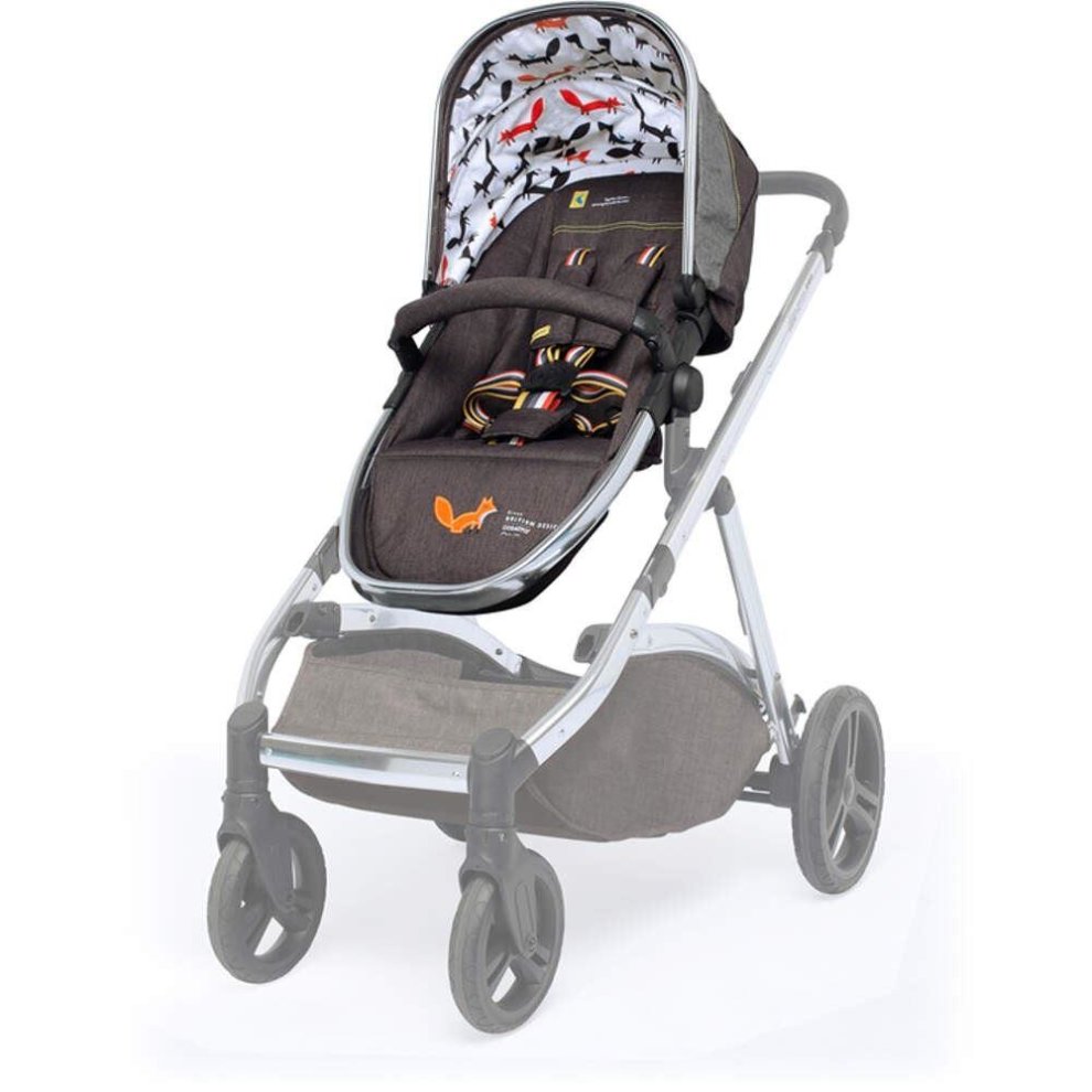 Cosatto Wow XL Second Seat Unit in brown and grey, featuring a padded seat, adjustable harness, and a whimsical animal print lining, designed for compatibility with the Cosatto stroller.