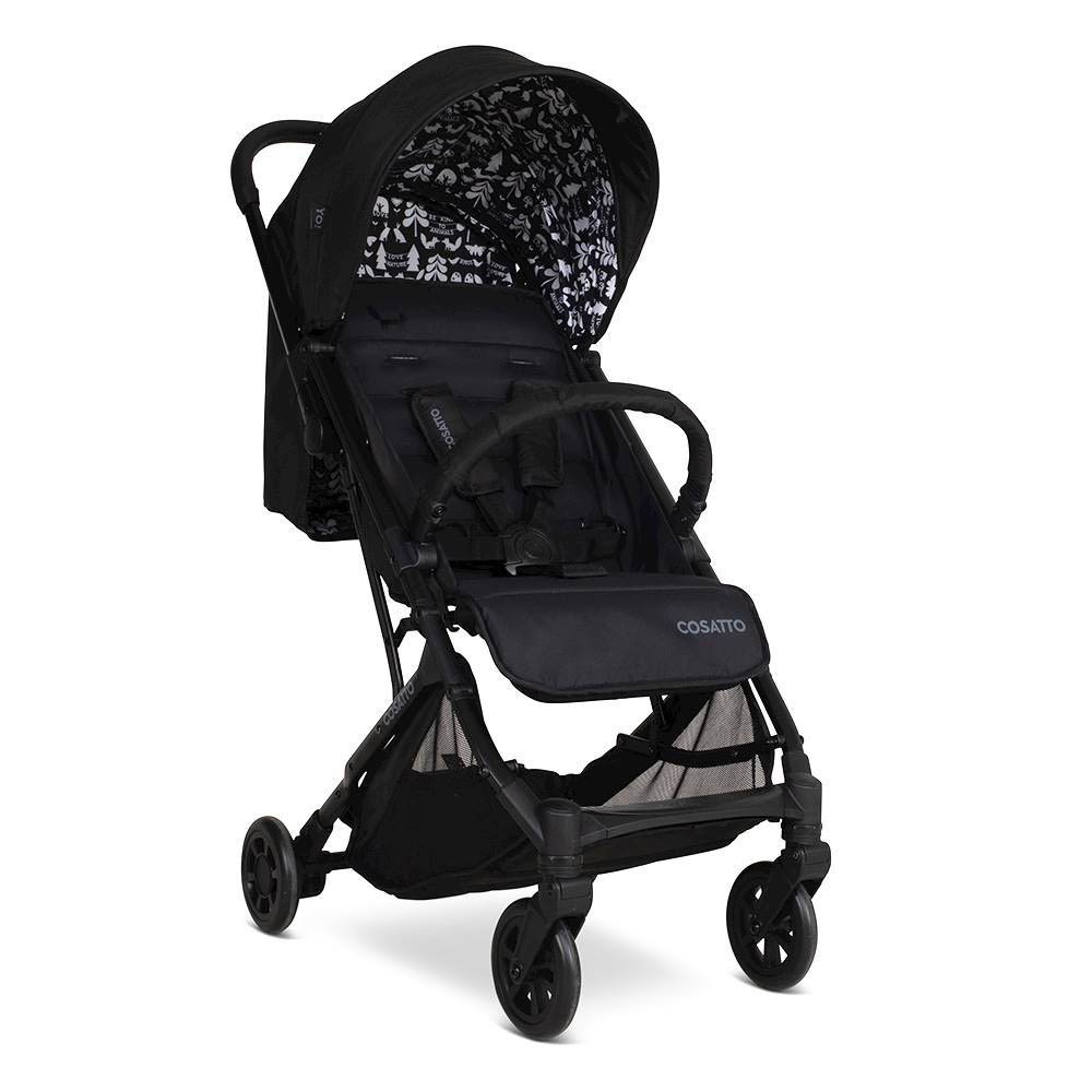 Cosatto Yo! stroller in black with a patterned interior, featuring a lightweight frame, adjustable canopy, and a comfortable seat with safety harness.