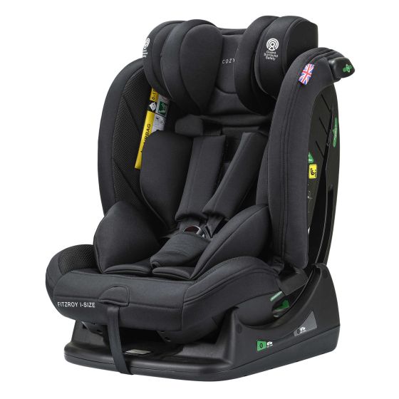 Cozy N Safe Fitzroy I-size car seat in Onyx black, featuring plush padding, adjustable headrest, and multiple harness positions for safety and comfort.