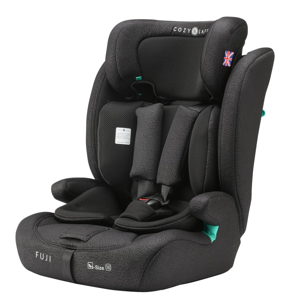 Cozy N Safe Fuji I-size car seat in graphite and black, featuring a textured fabric, adjustable headrest, and safety harness for children 76-150 cm tall.