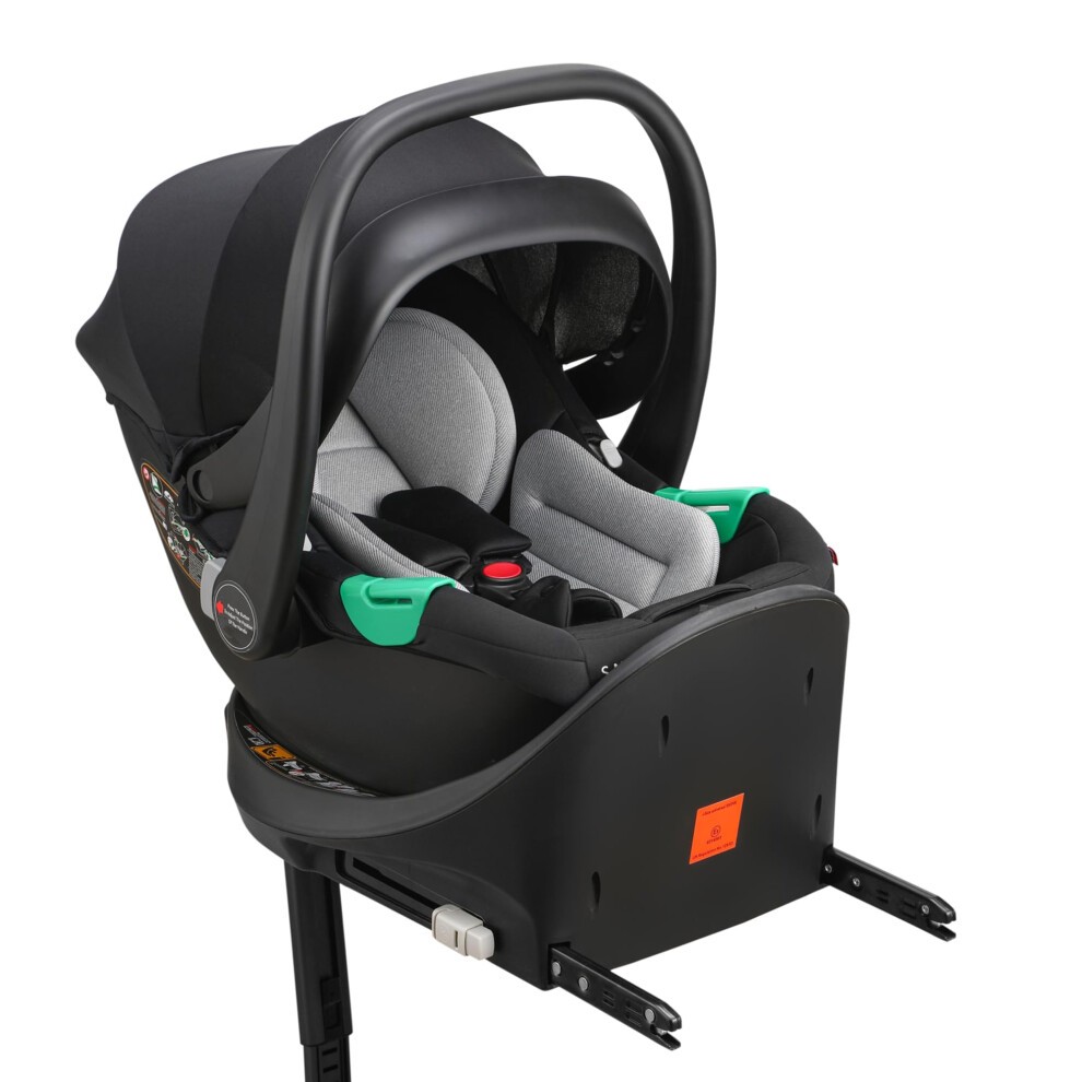 Cozy N Safe Snowdon I-size car seat in black and grey with a blue base, featuring a padded interior, adjustable handle, and secure base attachment system.