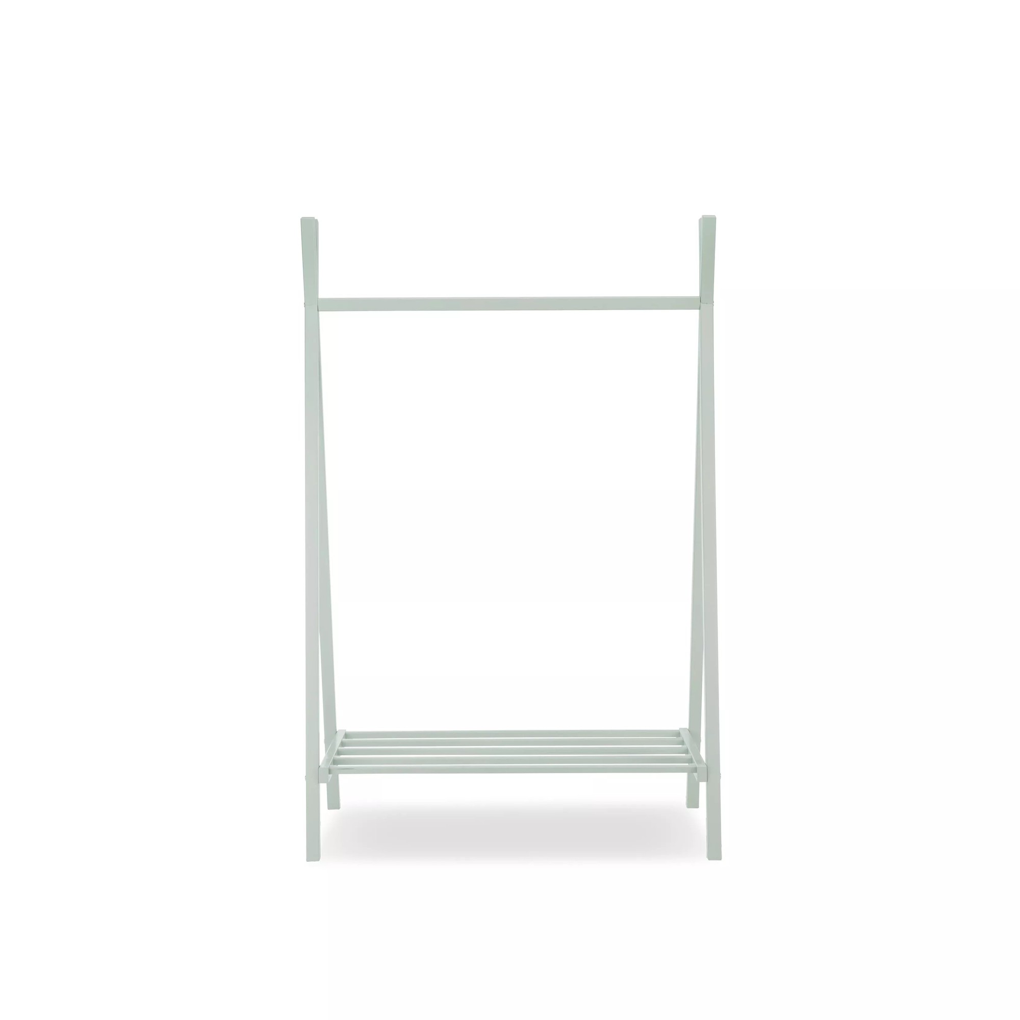 Sage green Nola Clothes Rail by CuddleCo, featuring a minimalist design with a sturdy frame and slatted bottom shelf for storage.