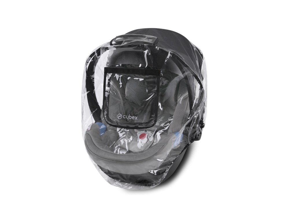 Transparent raincover designed for Cybex Aton and Cloud series infant car seats, featuring a fitted design and a clear front panel for visibility.