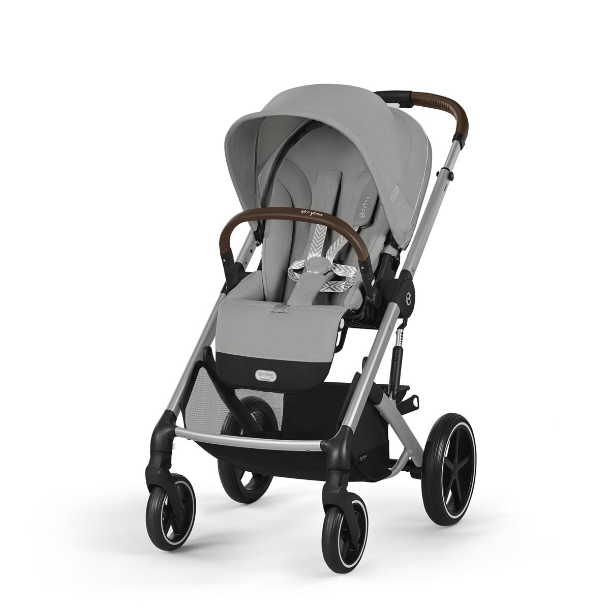 Cybex Balios S Lux Pushchair in light gray fabric with a brown leatherette handle, featuring a spacious seat, adjustable canopy, and sleek black wheels.