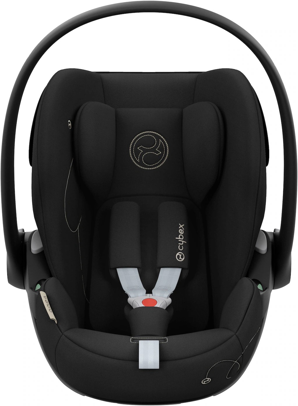 Cybex Gold Cloud G I-Size baby car seat in sleek black fabric, featuring a padded interior, adjustable harness, and a sturdy carrying handle for easy transport.