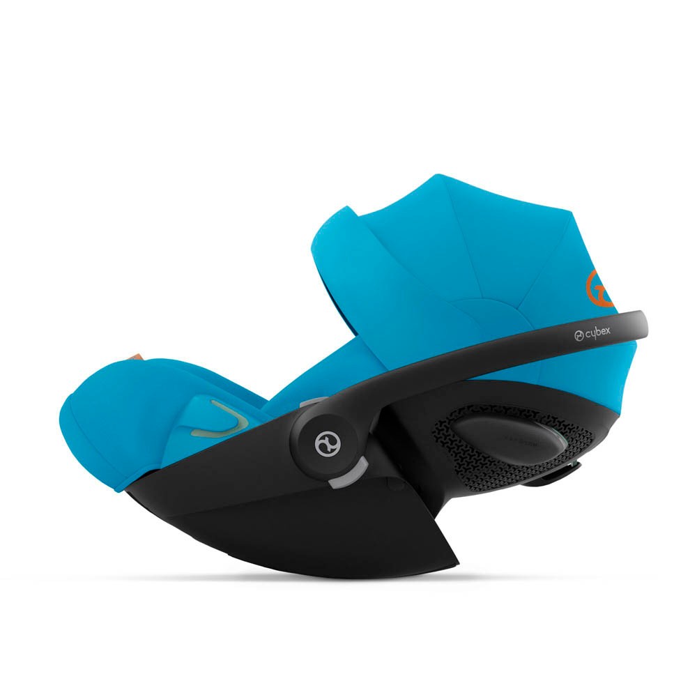 Cybex Cloud G I-Size Plus in Beach Blue features a soft, vibrant fabric with a sleek black base, designed for safety and comfort in a stylish infant car seat.
