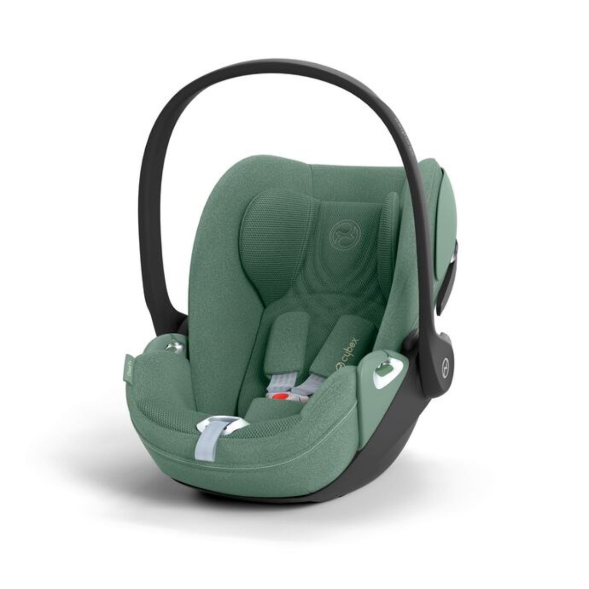 Cybex Cloud T I-Size Plus infant car seat in a soft green fabric, featuring a sturdy black base, adjustable harness, and ergonomic handle for easy carrying.