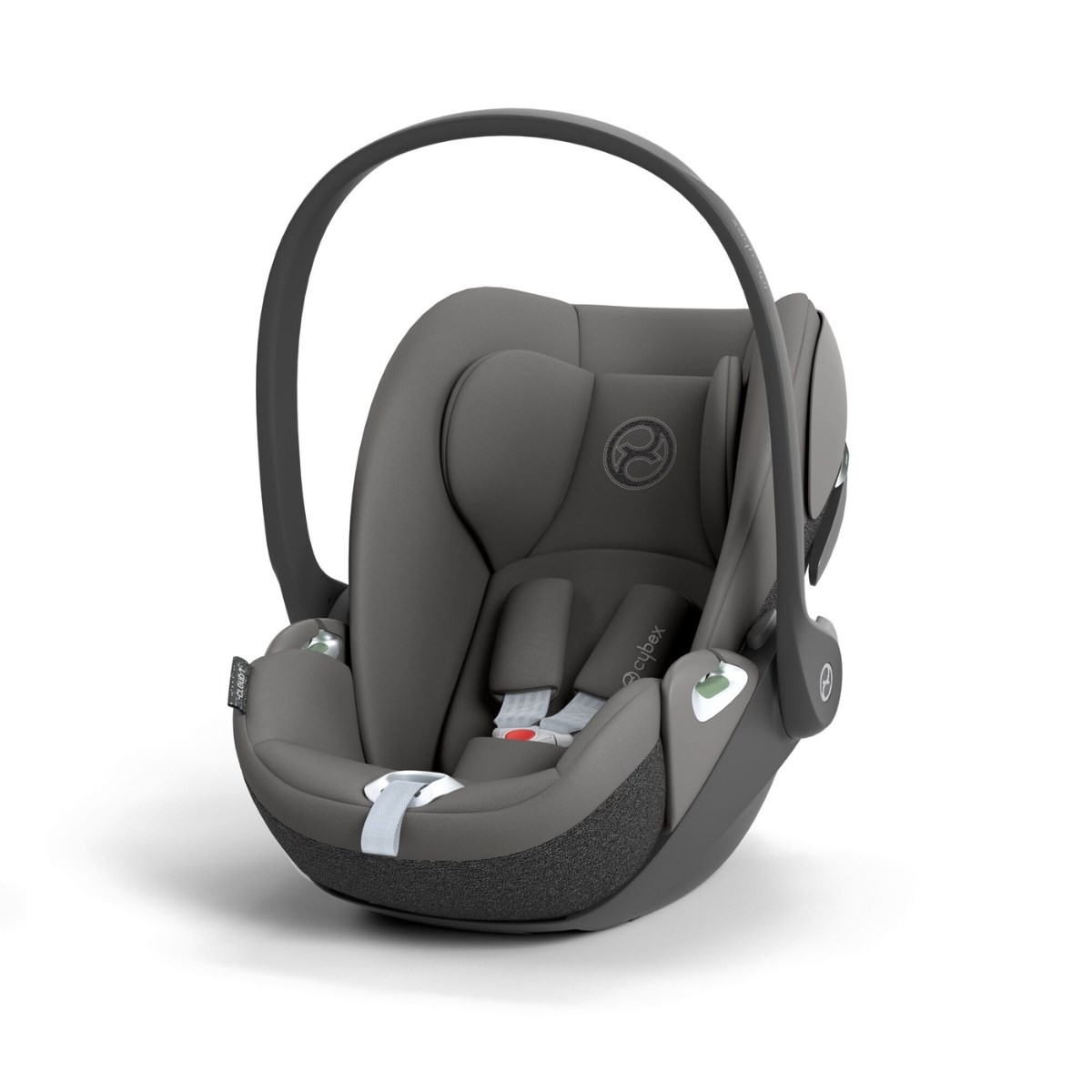 Cybex Cloud T I-Size Plus infant car seat in a sleek grey fabric with a padded interior, adjustable handle, and safety harness, designed for comfort and security.