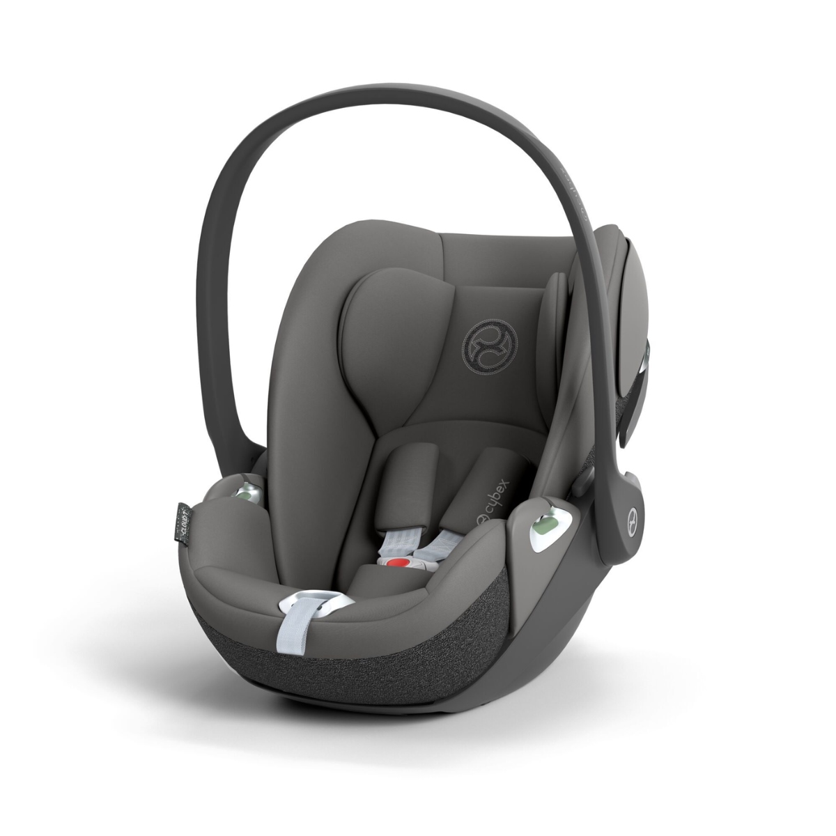Cybex Cloud T I-Size Car Seat in a sleek grey fabric, featuring a padded interior, adjustable handle, and safety harness with color-coded indicators for easy installation.