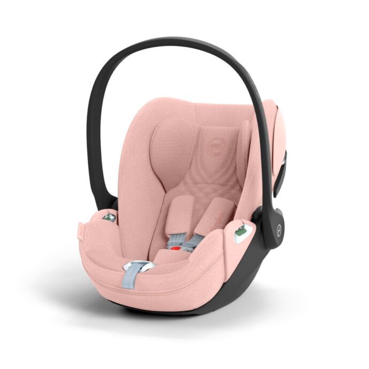 Cybex Cloud T I-Size Plus infant car seat in soft pink fabric with a black base, featuring a removable head support and a sturdy carrying handle.