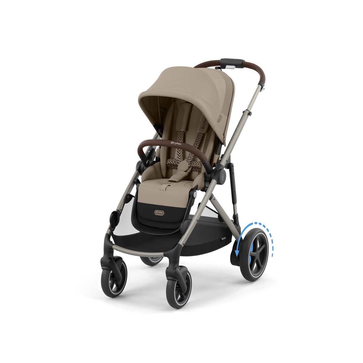 Cybex EGazelle S Electric Pushchair in beige with a brown handle, featuring a reclining seat, large wheels, and a sleek, modern design for easy maneuverability.