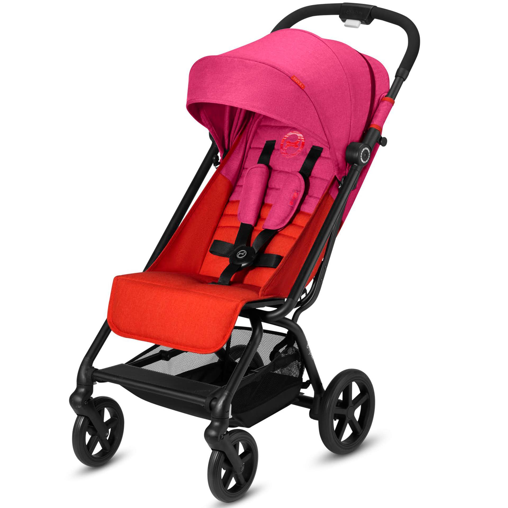 Cybex Eezy S+ Stroller in Fancy Pink features a vibrant pink fabric seat with a red cushion, a black frame, and four wheels for easy maneuverability.