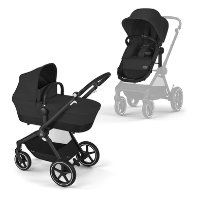 Cybex GOLD 2 in 1 EOS Lux stroller in Moon Black, featuring a sleek black fabric exterior, adjustable seat, and a removable bassinet on a sturdy black frame with large wheels.