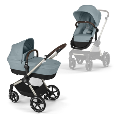 Cybex GOLD Passeggino 2 in 1 EOS in Sky Blue features a sleek design with a soft fabric canopy, brown leatherette handle, and a sturdy frame with large wheels for easy maneuverability.