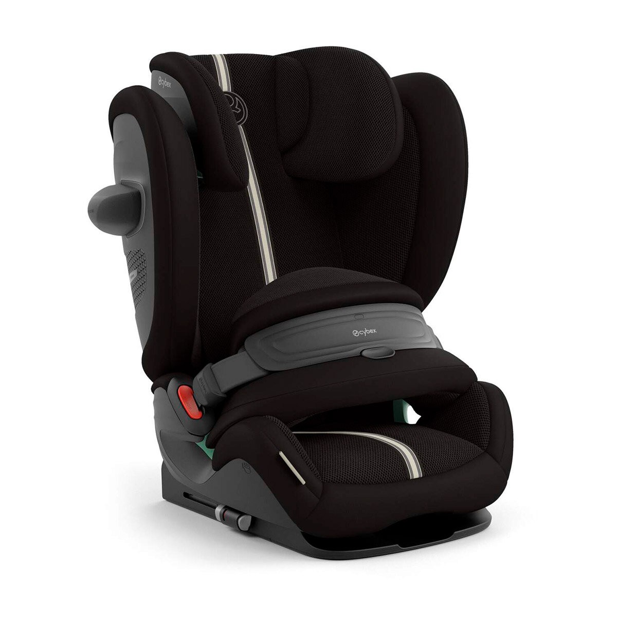 Cybex Pallas G3 I-Size Plus car seat in Moon Black, featuring a sleek design, soft fabric, adjustable headrest, and side impact protection for enhanced safety.