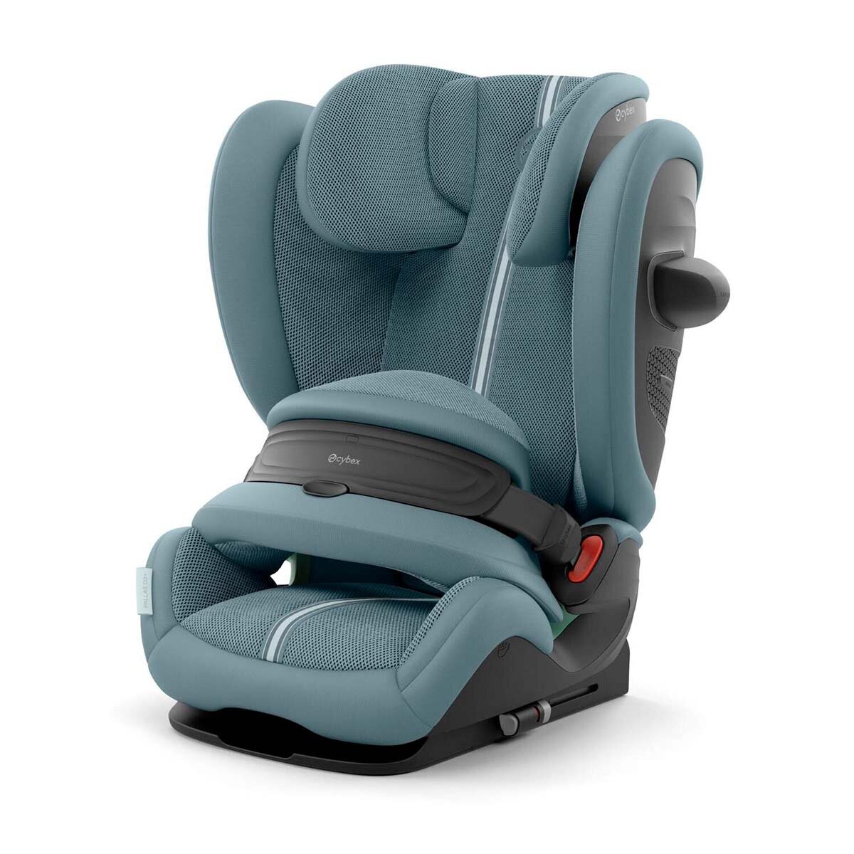 Cybex Pallas G3 I-Size Plus in Stormy Blue features a soft, breathable fabric, adjustable headrest, side impact protection, and a secure harness system for child safety.