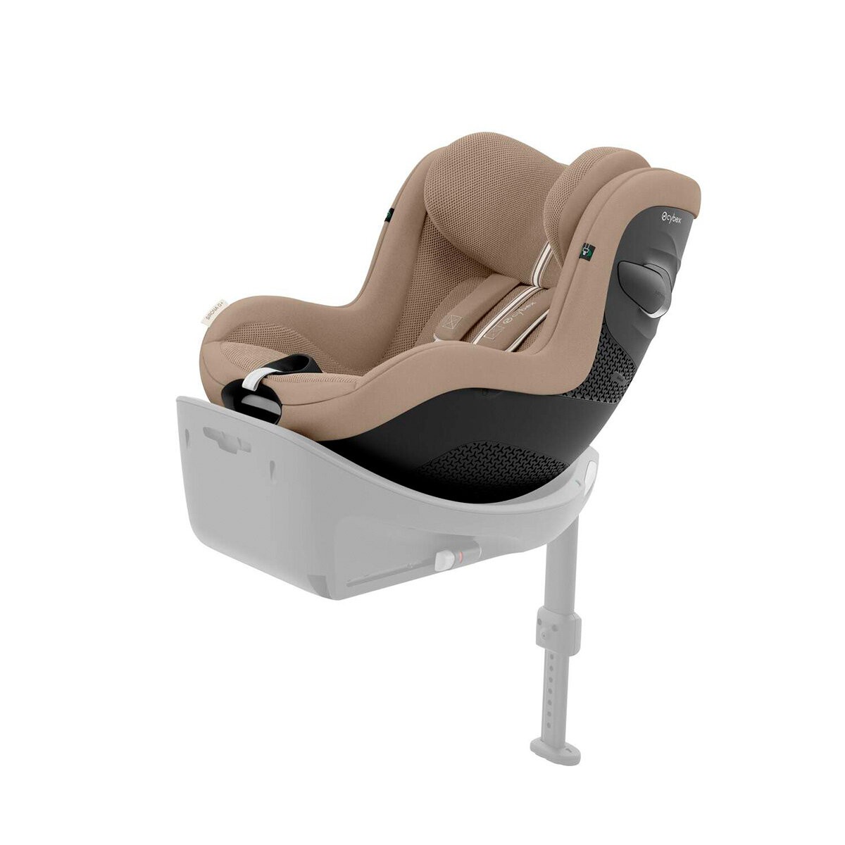 Cybex Sirona G I-Size Plus car seat in almond beige, featuring a soft fabric cover, adjustable headrest, and a sturdy base with a sleek black finish.