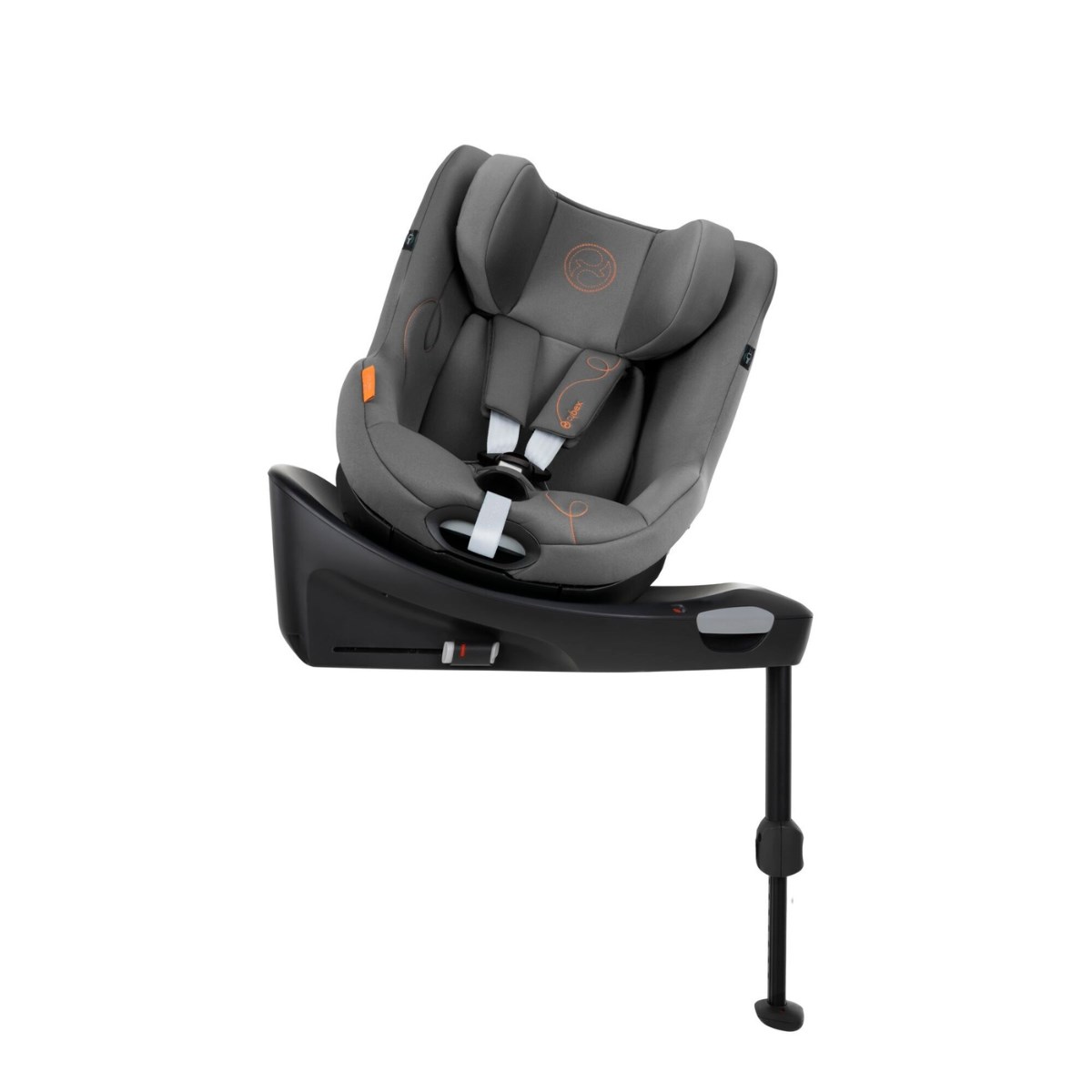 Cybex Sirona Gi I-Size car seat in grey fabric with orange detailing, featuring a reclining design, adjustable headrest, and a secure base with a support leg.