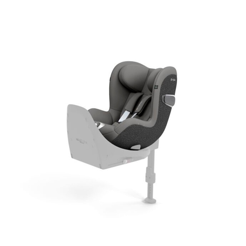 Cybex Sirona T I-Size car seat in gray and black, featuring a sleek design, adjustable headrest, and safety harness, with a base for secure installation.