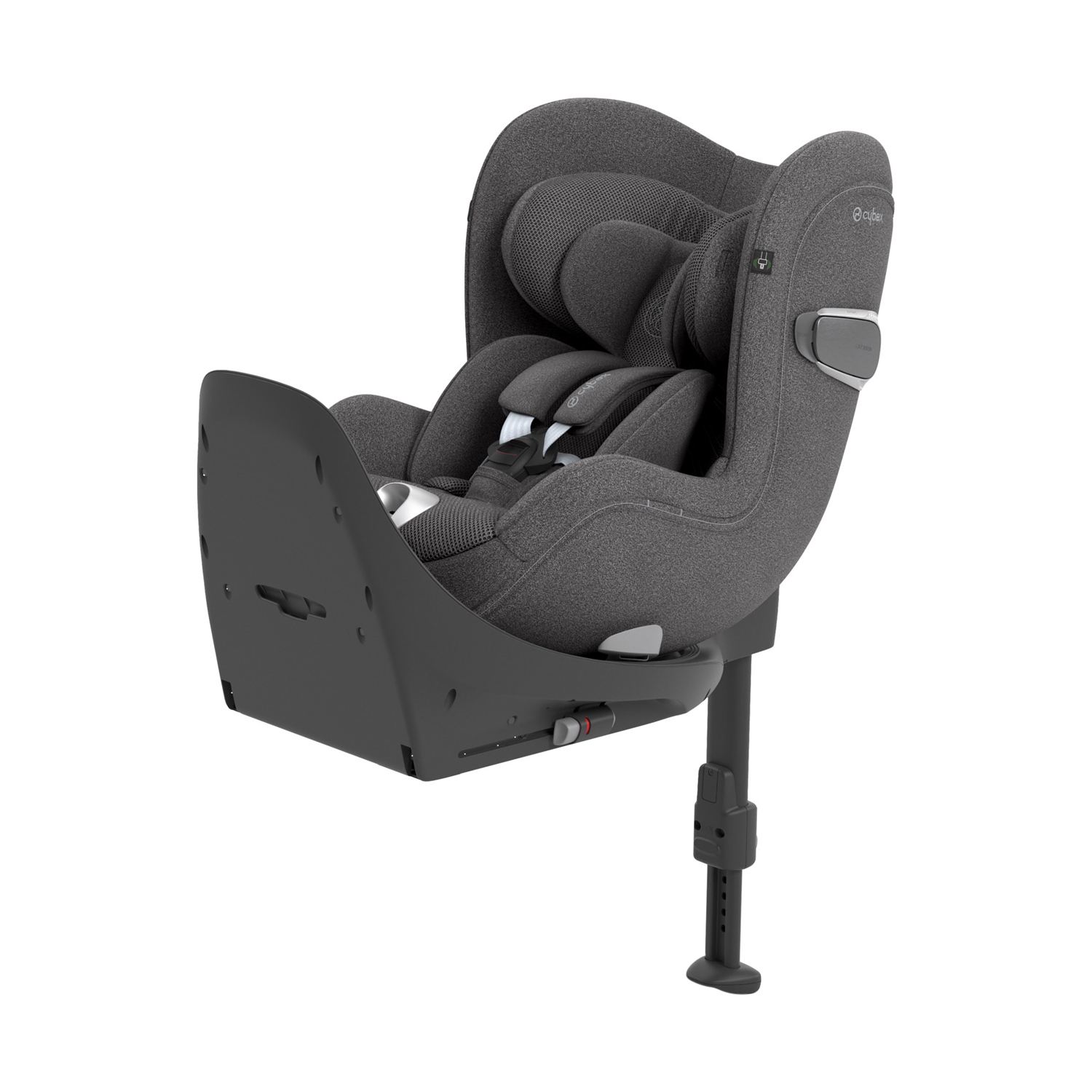 Cybex Sirona T Plus I-Size car seat in Mirage Grey, featuring a 360-degree spin, plush fabric, adjustable headrest, and secure base for enhanced safety and comfort.