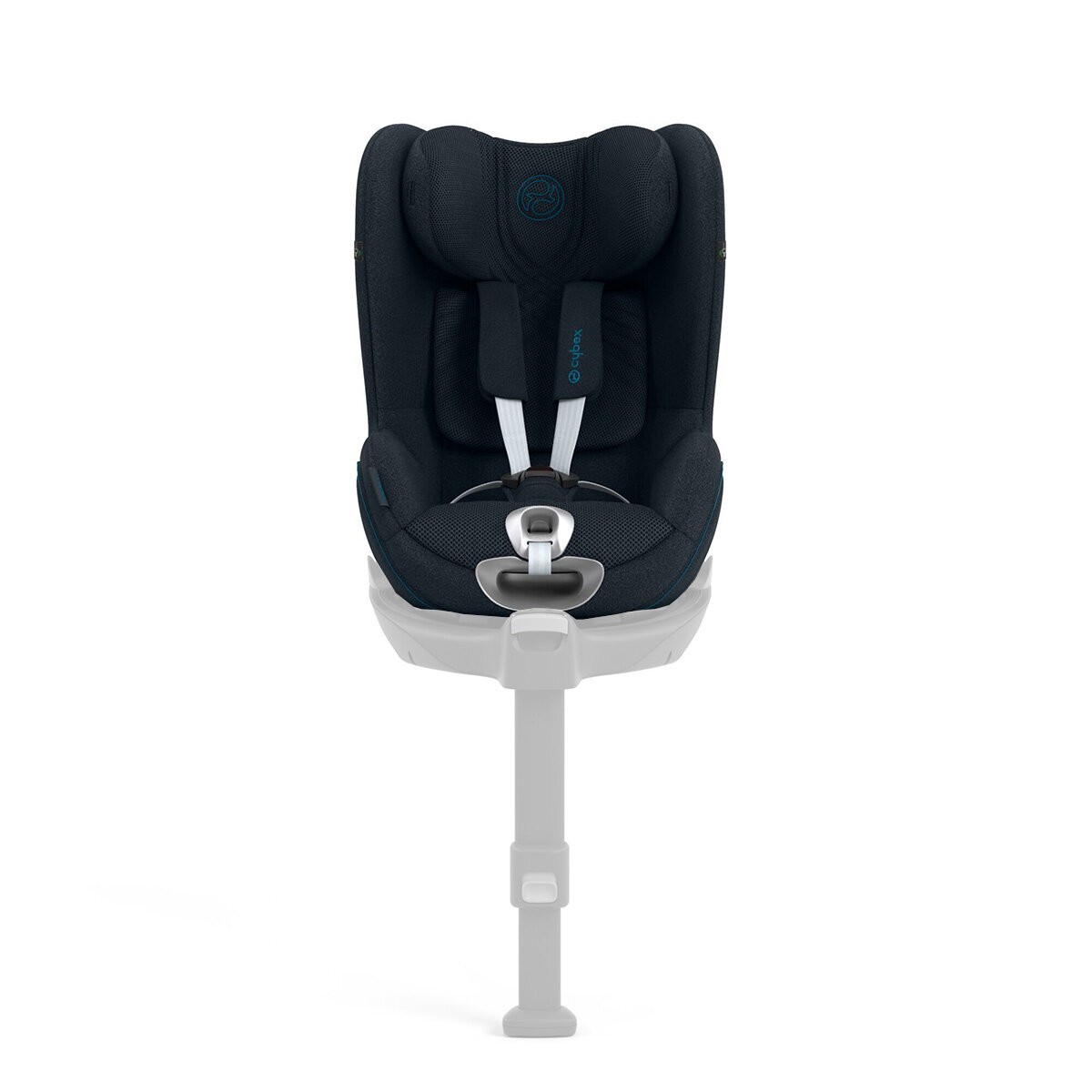 Cybex Sirona T I-Size Plus car seat in Nautical Blue, featuring a soft fabric, adjustable headrest, and a secure five-point harness system.