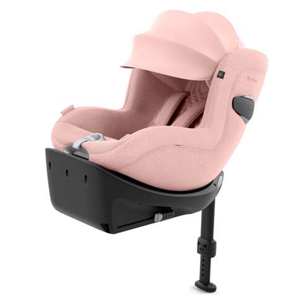 Light pink Cybex Sirona Ti Plus car seat with a soft fabric cover, adjustable headrest, and a secure base featuring a recline function for enhanced safety and comfort.