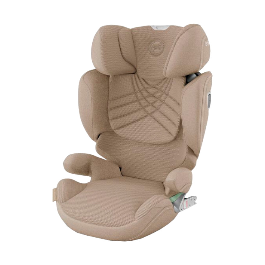 Cozy beige Cybex Solution T I-Fix Plus car seat featuring a padded design, adjustable headrest, and side impact protection for enhanced safety and comfort.