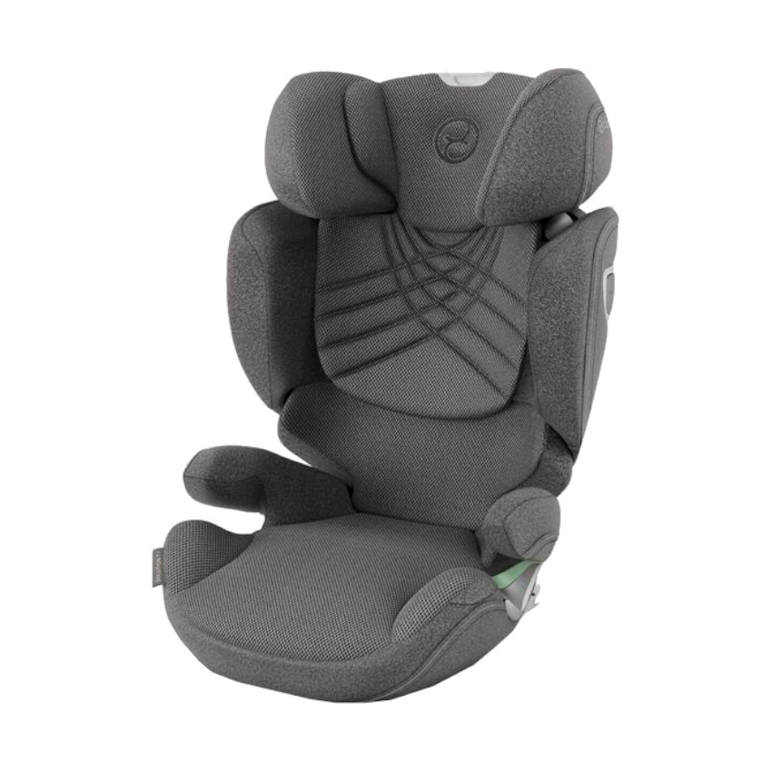 Cybex Solution T I-Fix Plus car seat in Mirage Grey features a sleek design with soft fabric, adjustable headrest, side impact protection, and a comfortable seating area.