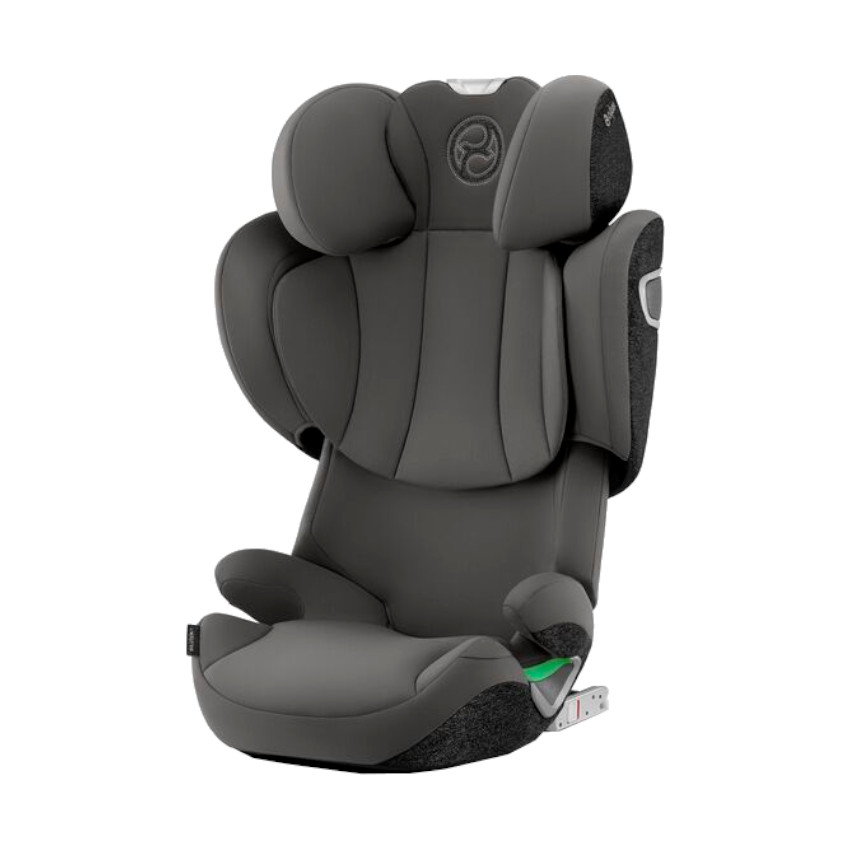 Cybex Solution T I-Fix Car Seat in dark gray with padded sides, adjustable headrest, and breathable fabric, designed for safety and comfort for children.