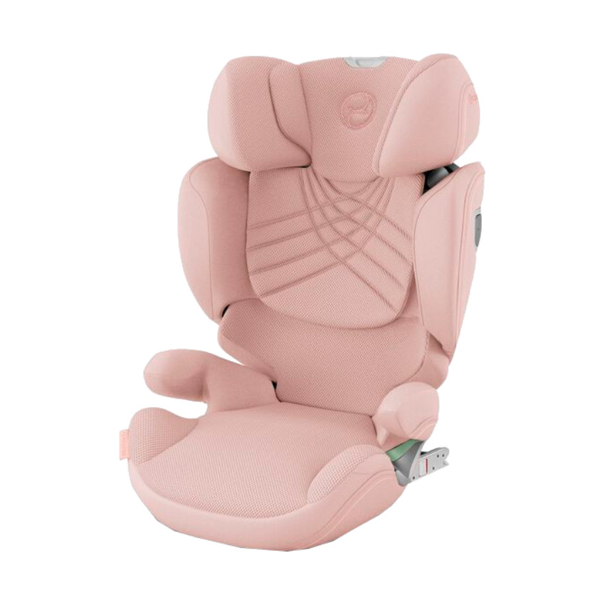 Cybex Solution T I-Fix Plus car seat in peach pink, featuring a sleek design, breathable fabric, adjustable headrest, and side impact protection.
