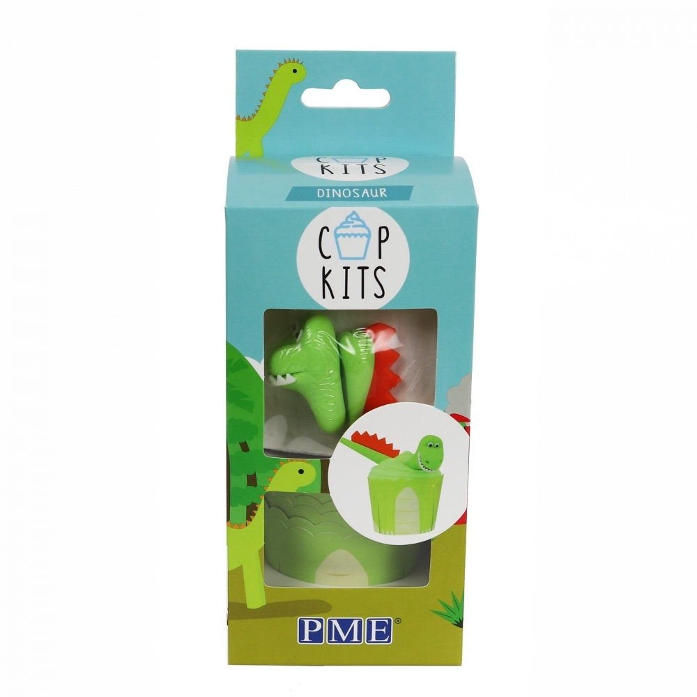 Colorful Dinosaur Cup Kit by PME featuring a green dinosaur design, a cupcake holder, and a playful packaging with dinosaur graphics and a window display.
