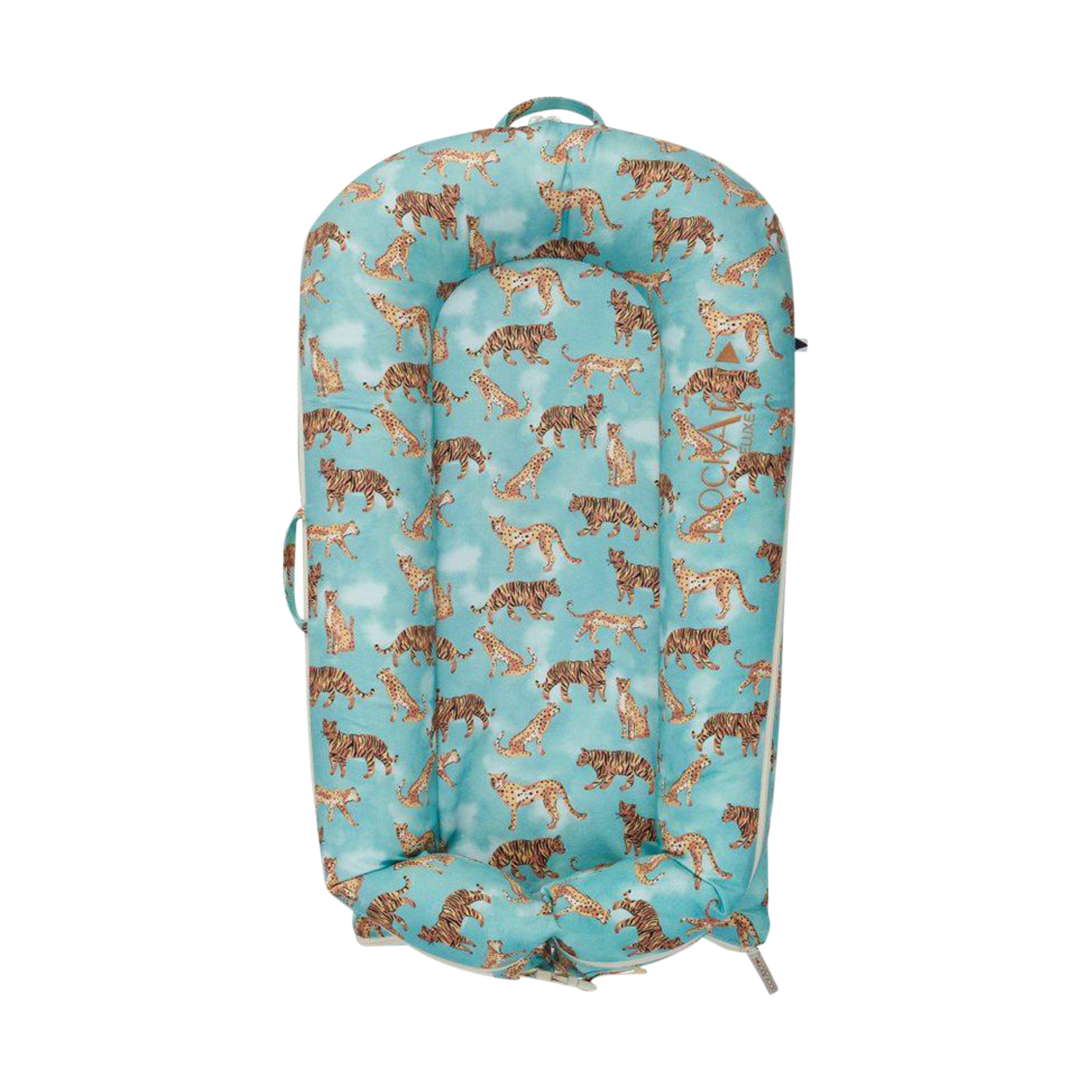 Turquoise DockATot Deluxe+ Dock featuring a playful tiger print, made of soft fabric with a cushioned interior and convenient carrying handles.