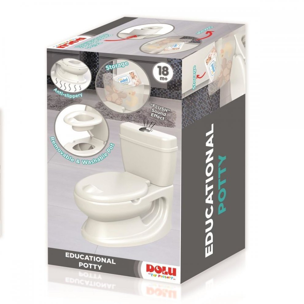 White toddler potty with a flush sound effect, anti-slip base, and storage compartment, designed for children 18 months and older, packaged in a colorful box by Dolu Toys.