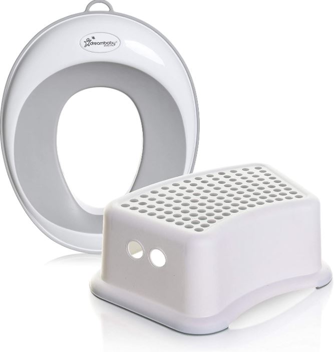 Grey and white contoured potty seat with a textured step stool, designed for children, featuring a lightweight plastic material for easy handling.