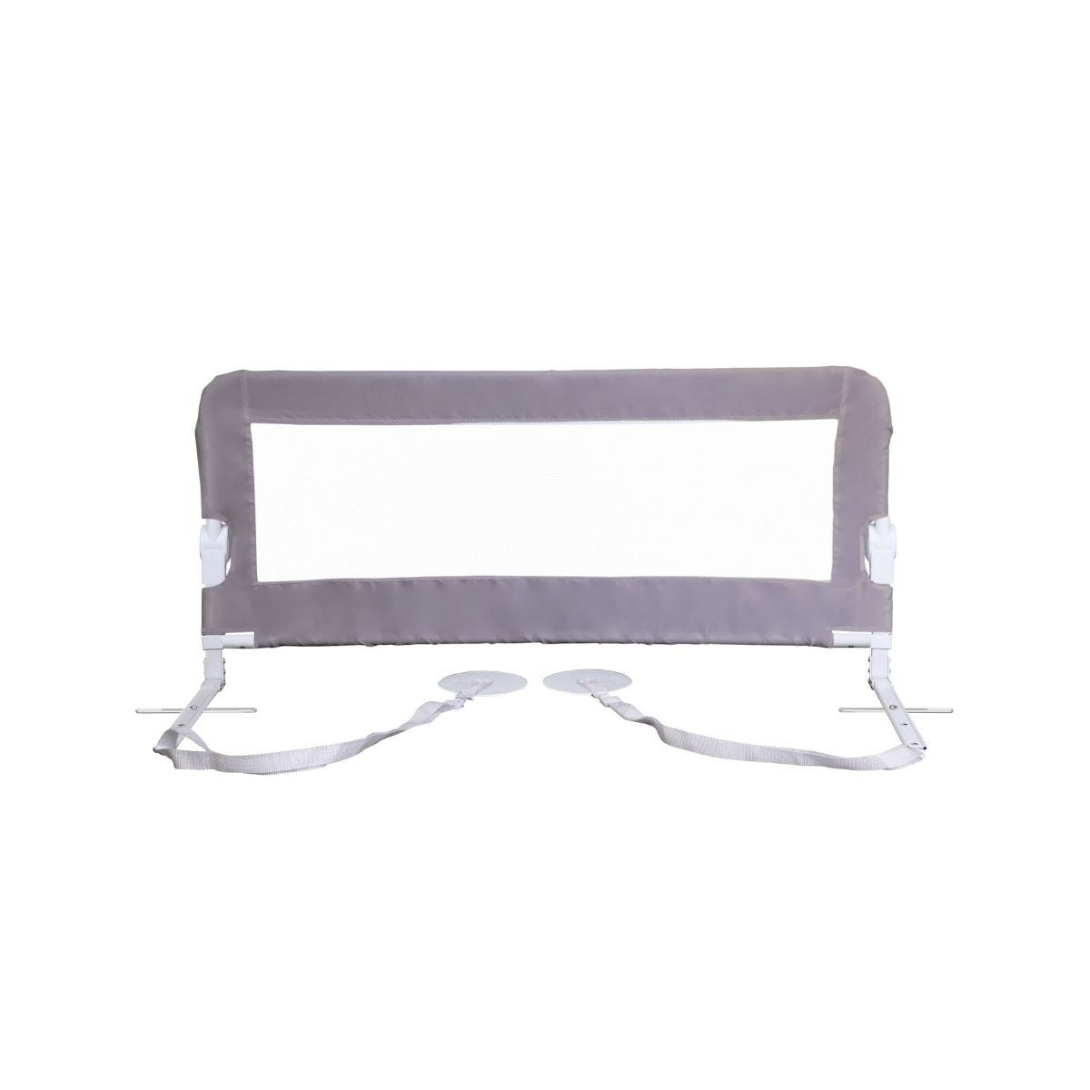 Extra wide grey bedrail with a mesh panel and sturdy white supports, designed for safety in beds, featuring adjustable straps for secure attachment.