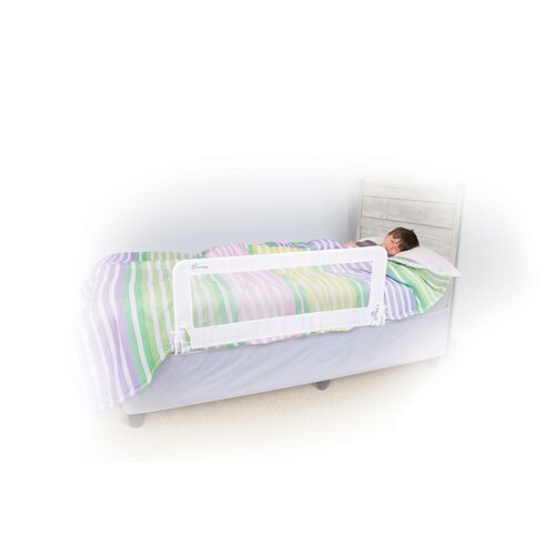 White foldable toddler bed rail guard, 110cm long, fits various mattress sizes, shown with a child sleeping on a bed with a colorful striped blanket.