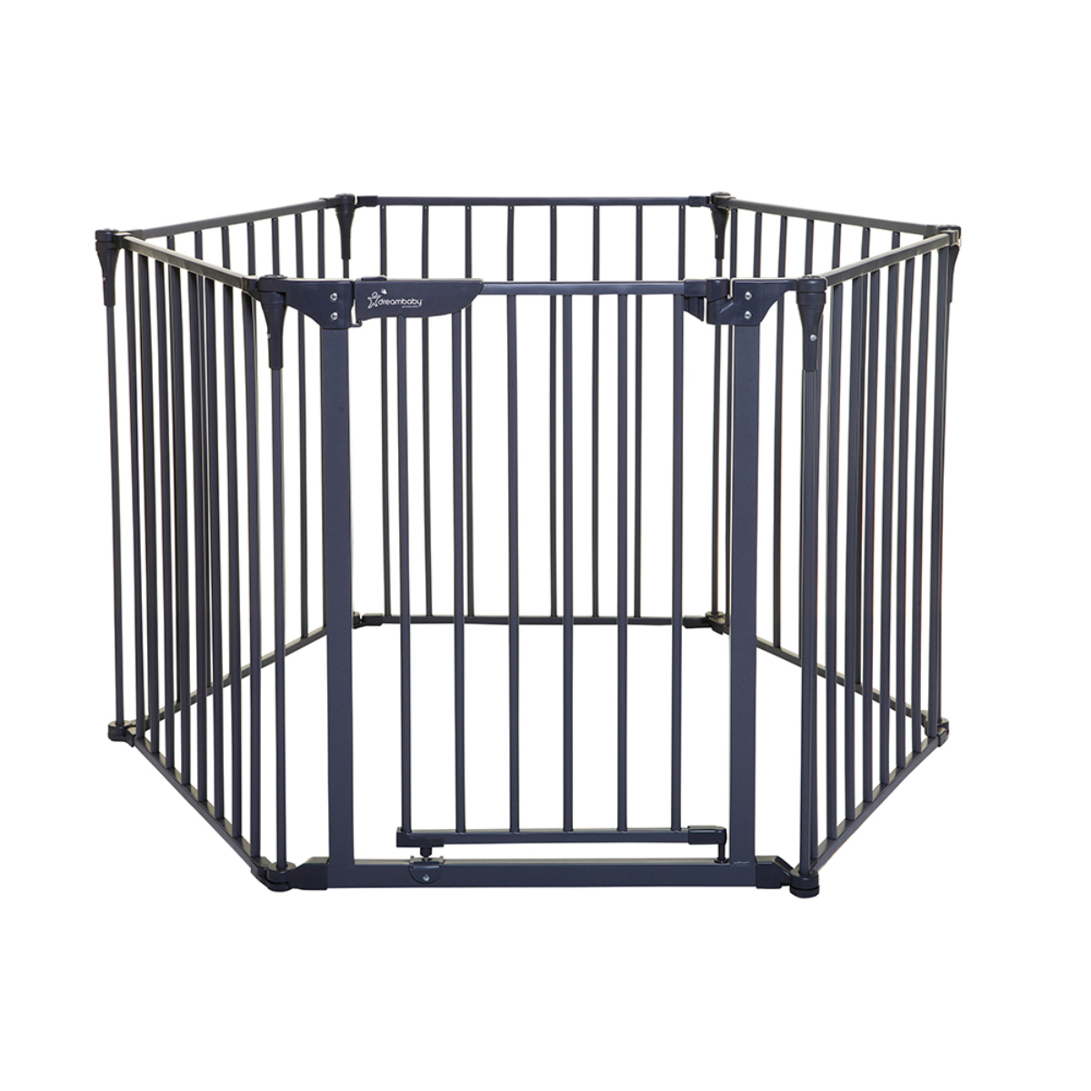 Hexagonal metal playpen in charcoal grey, featuring vertical bars and a wide barrier design, suitable for indoor and outdoor use, with safety features for children and pets.