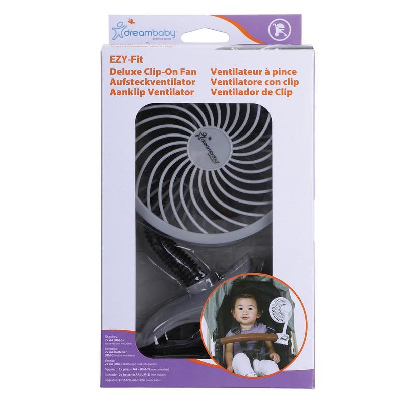 White clip-on fan with a spiral design, featuring a sturdy clip for easy attachment, packaged in a colorful box with product details and branding.