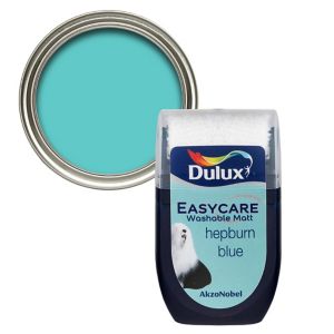 Dulux Easycare Hepburn Blue flat matt emulsion paint tester pot, featuring a turquoise color with a smooth finish, alongside a circular paint sample in the lid.