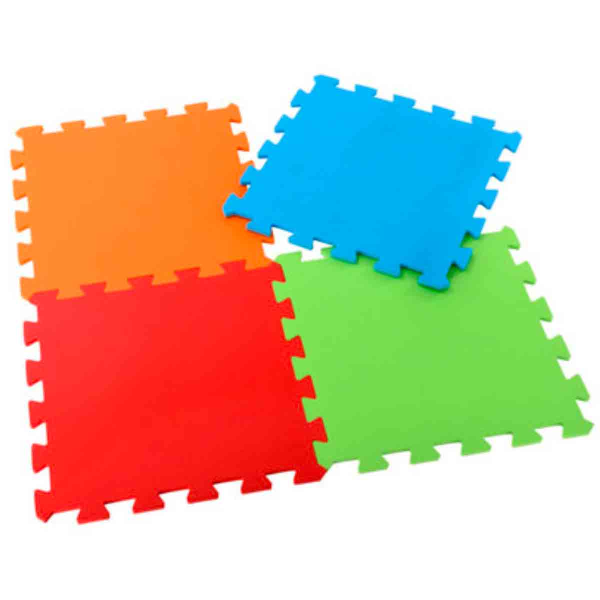 Four interlocking play mats in vibrant colors: orange, blue, red, and green, made of soft, durable foam for early learning and play activities.