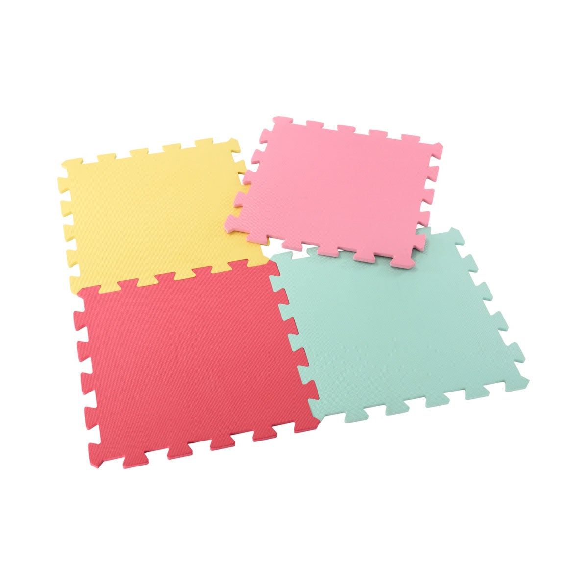 Four interlocking play mats in pastel colors: pink, yellow, mint green, and coral, made from soft foam material, ideal for early learning and play.