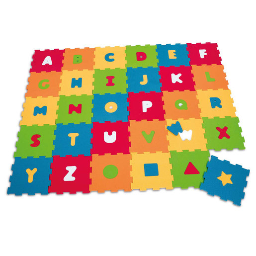 Colorful foam mats featuring letters A-Z in bright hues of red, blue, green, yellow, and orange, with removable shapes like a star and triangle for interactive learning.
