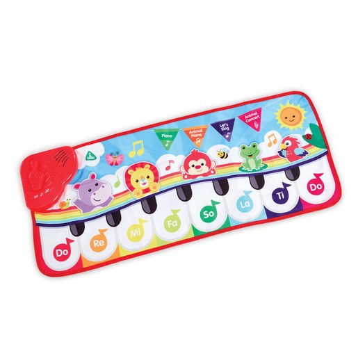 Colorful animal piano mat featuring vibrant illustrations, soft fabric, and musical keys labeled with notes and animal characters, designed for early learning and play.