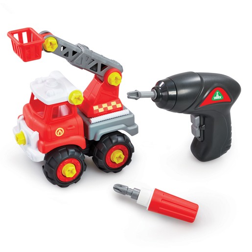 Bright red plastic fire engine with a movable ladder, yellow wheels, and a toy drill for assembly, featuring a white roof and checkerboard pattern on the sides.