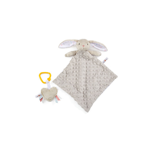 Soft grey bunny plush with long ears attached to a textured blanket, accompanied by a yellow heart-shaped teether with colorful ribbons.