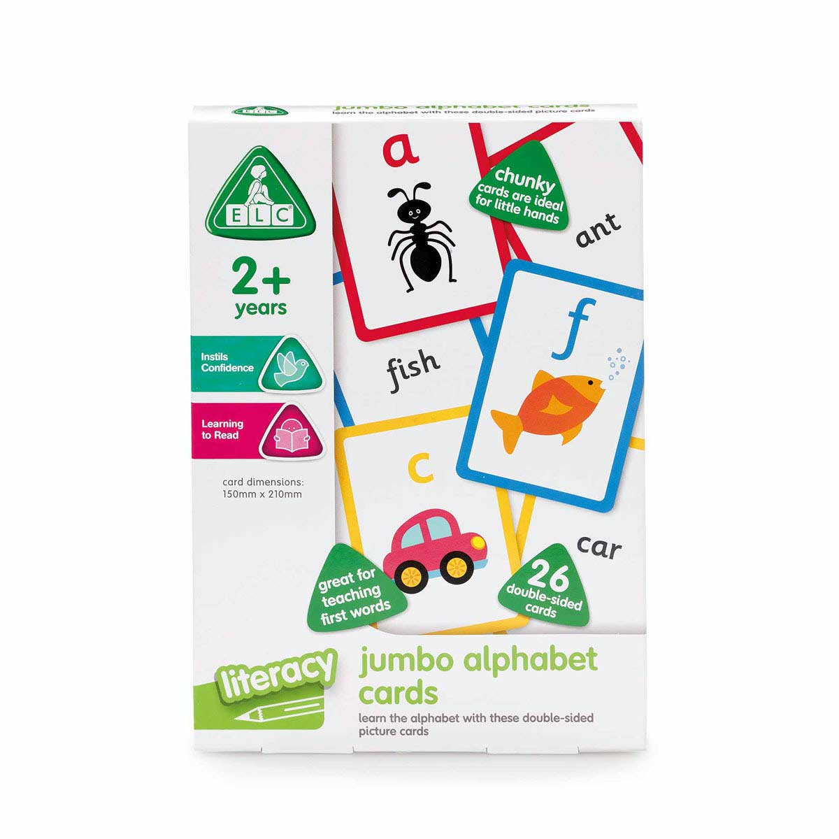 Colorful box containing jumbo alphabet cards featuring letters, illustrations like an ant and fish, and text, designed for early literacy learning, suitable for ages 2+.