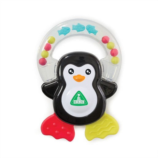 Colorful penguin-shaped rattle with a black body, white belly, and bright red and yellow feet, featuring colorful beads and fish shapes in a clear ring.